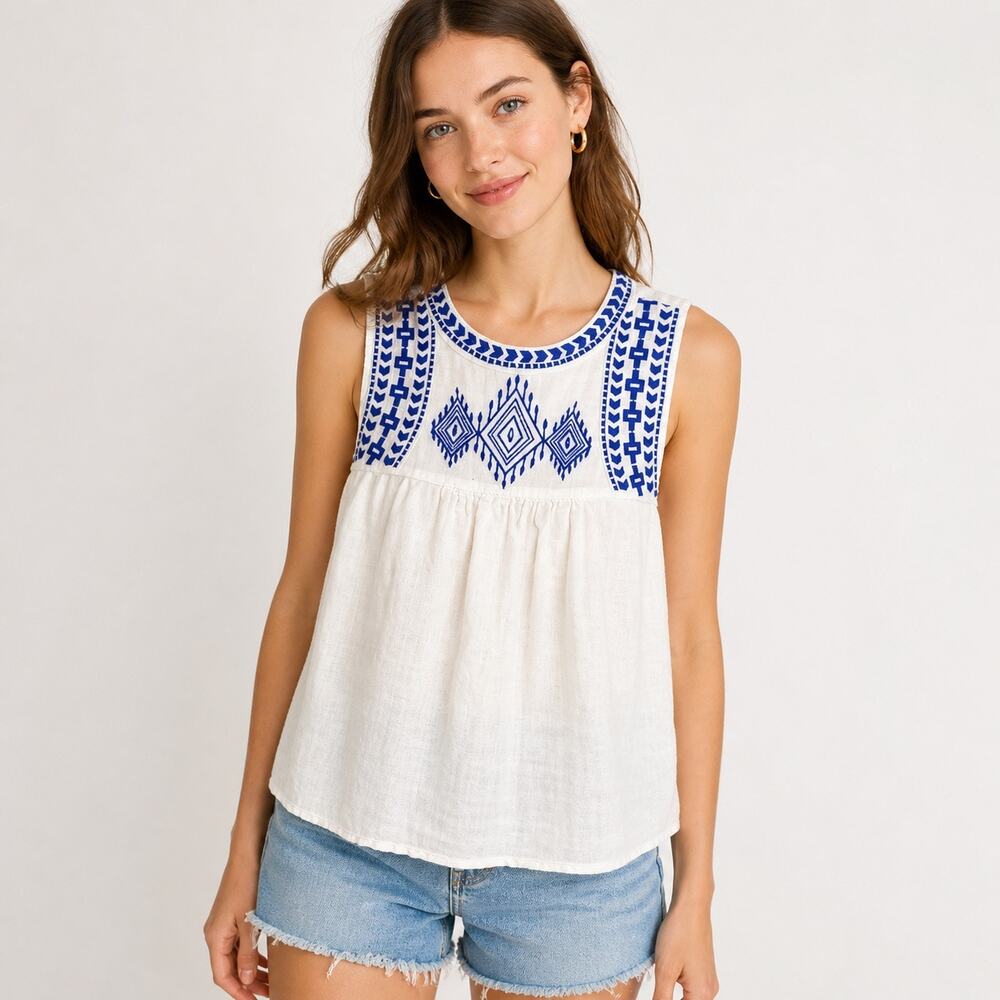 J Crew Embroidered Linen Tank Top Size 4 White Blue Sleeveless Boho Cottagecore